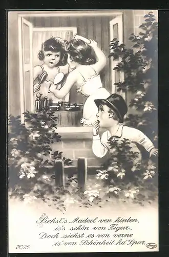 Künstler-AK frauenfeindlicher Humor, Junge beobachtet Mädchen durch das Fenster