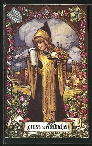 Künstler-AK München, Münchner Kindl mit Bierkrug und einer Platte voll Essen