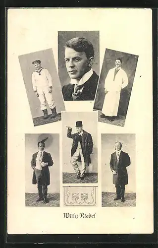 AK Komiker, Willy Riedel, in seinen Rollen abgelichtet