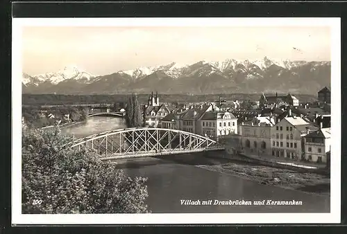 AK Villach, Gesamtansicht mit Draubrücken und Karawanken