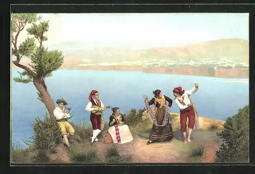 Lithographie Mittelmeerküste und Trachtengruppe beim Volkstanz