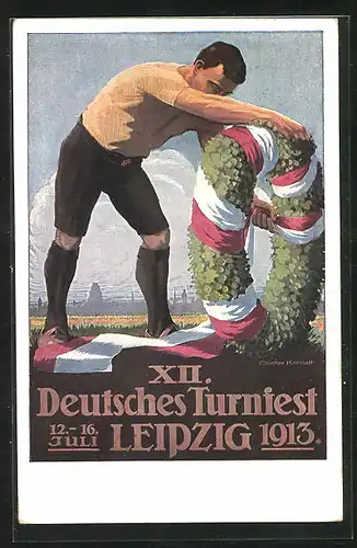 Künstler-AK Leipzig, XII. Deutsches Turnfest 1913, Turner bindet den Siegeskranz