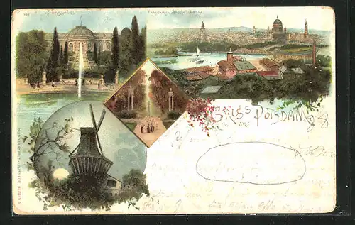 Lithographie Potsdam, Panorama vom Brauhausberg gesehen, Sanssouci, Mühle