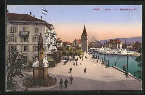 AK Lindau / Bodensee, Maxmonument, Dampfer Bavaria im Hintergrund