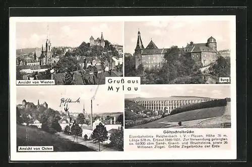 AK Mylau, Burg, Göltzschtalbrücke, Ansichten von Osten und Westen gesehen
