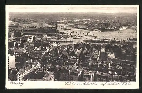 AK Hamburg, Blick vom Michaelisturm auf Stadt mit Hafen