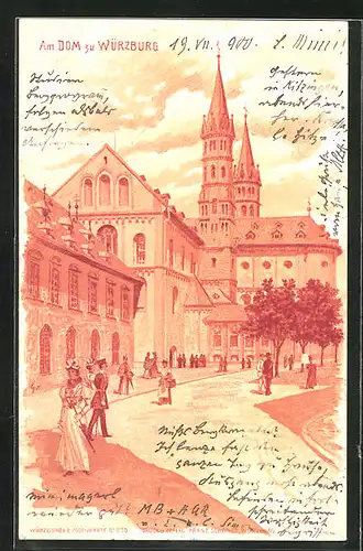 Lithographie Würzburg, Blick zum Dom