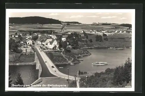 AK Saalburg, Ortspartie mit Brücke, Dampfer auf dem Stausee der Bleilochsperre