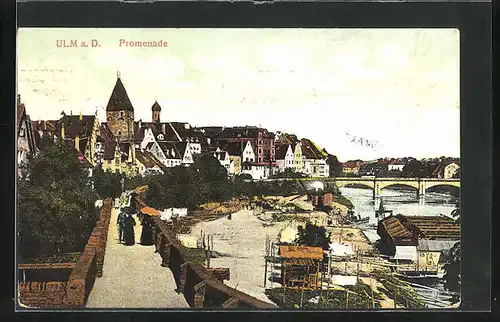 AK Ulm, Promenade, Blick zur Brücke