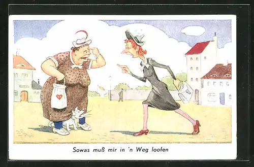 Künstler-AK Streitlustige Frauen im Gespräch, frauenfeindlicher Humor