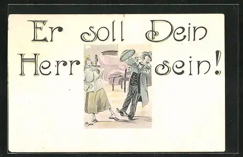 Künstler-AK Ehefrau bewirft Ehemann, frauenfeindlicher Humor