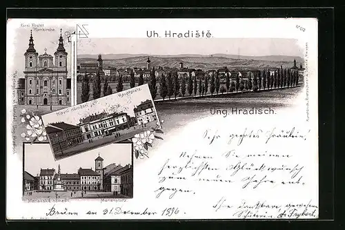 Lithographie Uh. Hradiste, Hlavni namesti, Marianske namesti, Farni Kostel