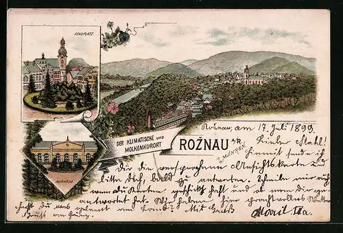 Lithographie Roznau, Ringplatz, Kurhaus, Totalansicht