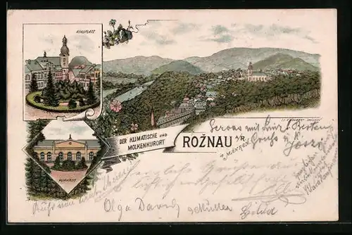Lithographie Roznau, Ringplatz, Kurhaus, Totalansicht