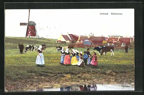 Künstler-AK Photochromie Nr. 2958: Zeeland, Walcheren, Windmühle hinter Weide