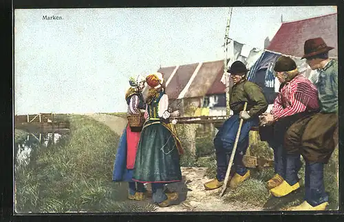 Künstler-AK Photochromie Nr. 2966: Marken, Flirtende Kinder am Ufer eines Flusses