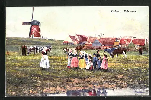 Künstler-AK Photochromie Nr. 2958: Zeeland, Walcheren, Kinder auf Kuhweide mit Windmühle