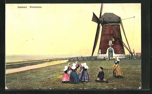 Künstler-AK Photochromie Nr. 2934: Zeeland, Walcheren, Im Kreis spielende Mädchen mit Windmühle im Hintergrund