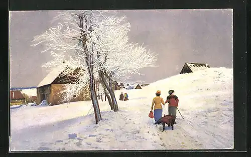 Künstler-AK Photochromie Nr. 4215: Winterlicher Spaziergang mit Schlitten zur Ortschaft