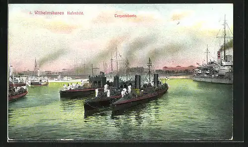 AK Wilhelmshaven, Hafenbild mit Torpedobooten, Dampfer