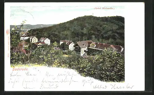 AK Suderode, Hotel Michaelis, Ortsansicht mit Berglandschaft im Hintergrund