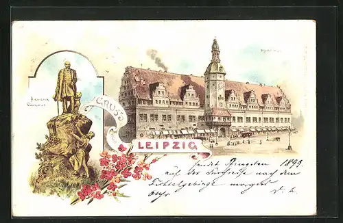 Lithographie Leipzig, Bismarck Denkmal und Rathaus