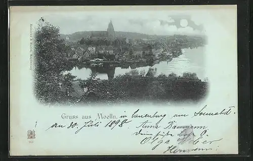 Mondschein-AK Moelln, Ortschaft im Vollmondlicht