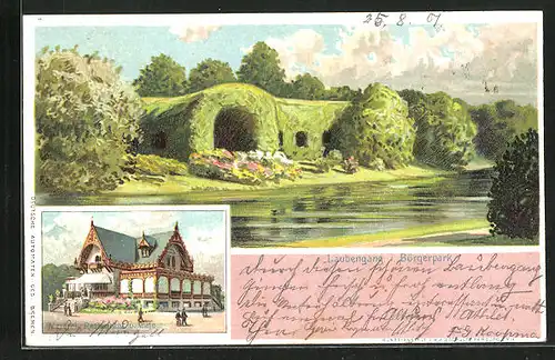 Lithographie Bremen, Restaurant Meierei, Laubengang im Bürgerpark