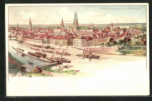 Lithographie Bremen, Totalansicht mit Weser und Dampfer