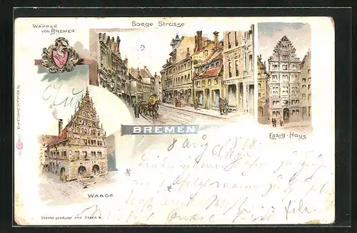Lithographie Bremen, Soege Strasse, Essig-Haus, Waage