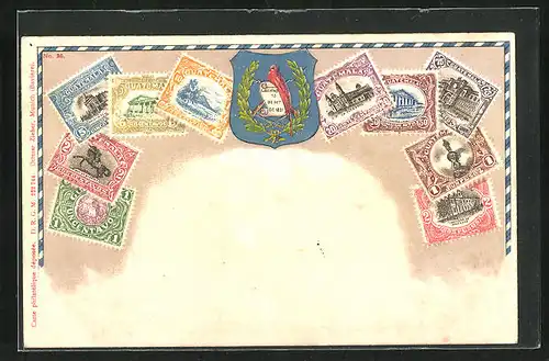 Präge-AK Guatemala, Briefmarken und Wappen
