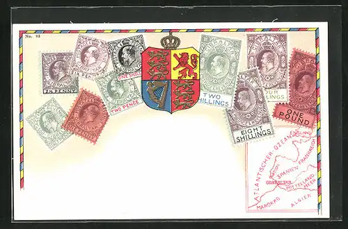 Künstler-AK Gibraltar, Briefmarken & Wappen