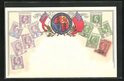 Präge-AK Goldcoast, Briefmarken & Wappen