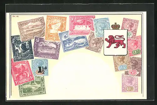 Künstler-AK Tasmania, Briefmarken & Wappen