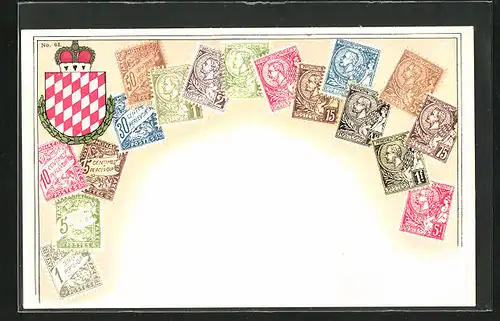Künstler-AK Monaco, Briefmarken und Wappen