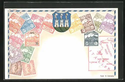 Künstler-AK San-Marino, Postwertzeichen und Wappen, Briefmarken