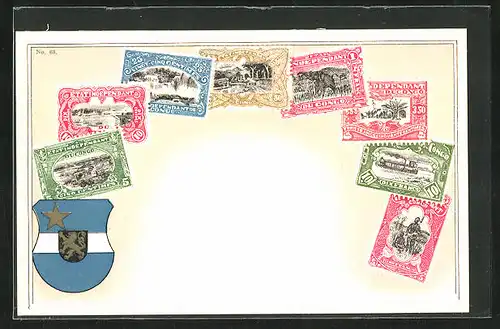 Künstler-AK Congo, Briefmarken & Wappen