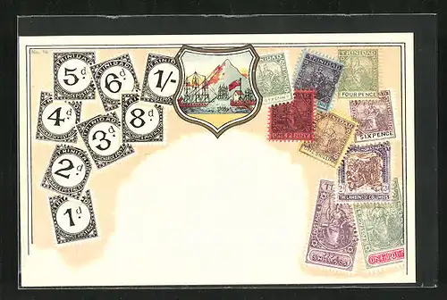 Lithographie Trinidad, Briefmarken und Wappen