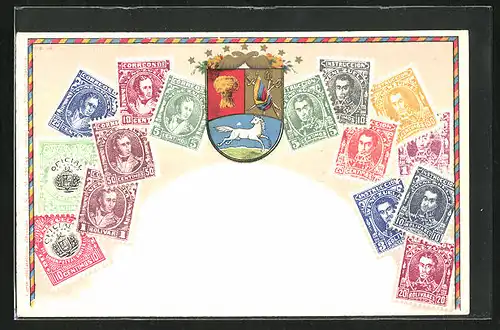 Lithographie Venezuela, Briefmarken und Wappen, Bolivar