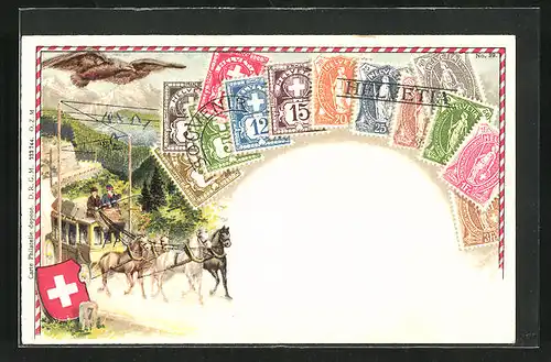 Präge-AK Schweiz, Briefmarken und Wappen, Postkutsche