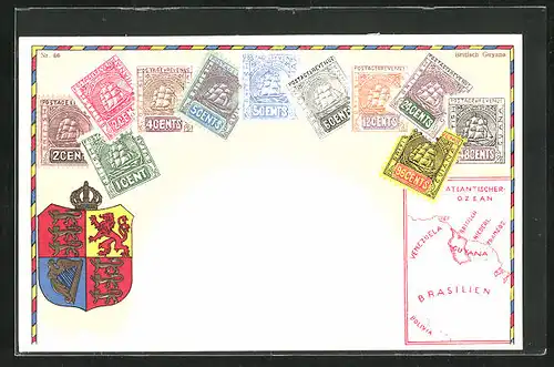 Künstler-AK Britisch Guyana, Briefmarken und Wappen