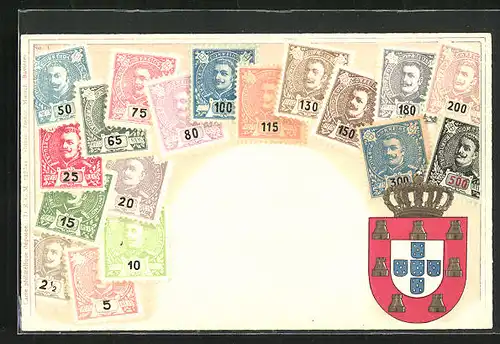 Präge-AK Portugal, Briefmarken und Wappen