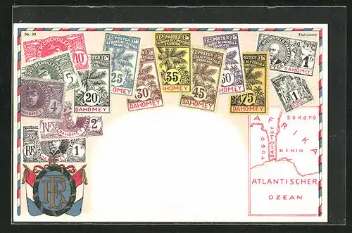 Präge-AK Dahomey, Briefmarken und Wappen