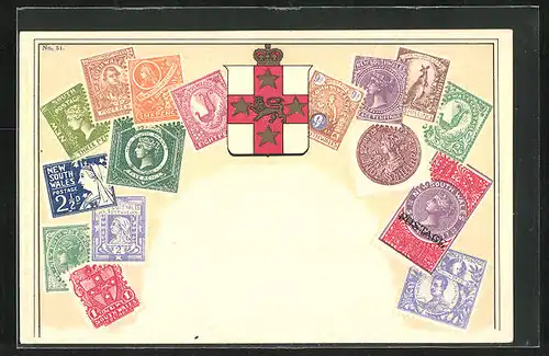 Künstler-AK New South Wales, Briefmarken und Wappen