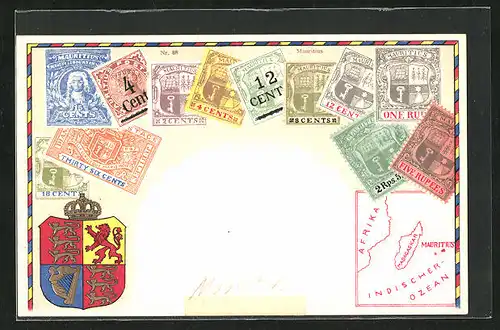 Künstler-AK Mauritius, Briefmarken und Wappen