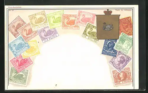 Künstler-AK West Australien, Briefmarken und Wappen