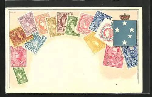 Präge-AK Neuseeland, Briefmarken und Wappen