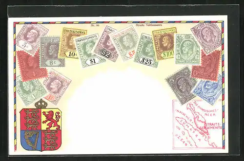 Künstler-AK Straits Settlements, Briefmarken und Wappen