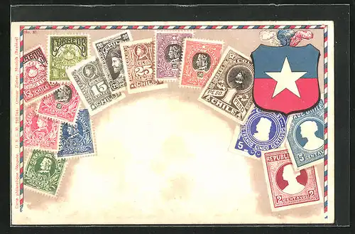 Präge-AK Chile, Briefmarken und Wappen