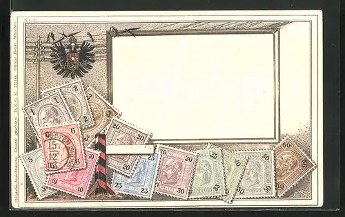 Präge-AK Österreich, Briefmarken und Wappen